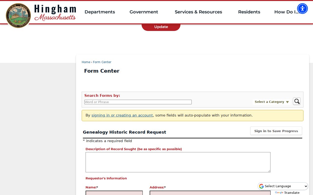 Hingham previous residents historic record request form